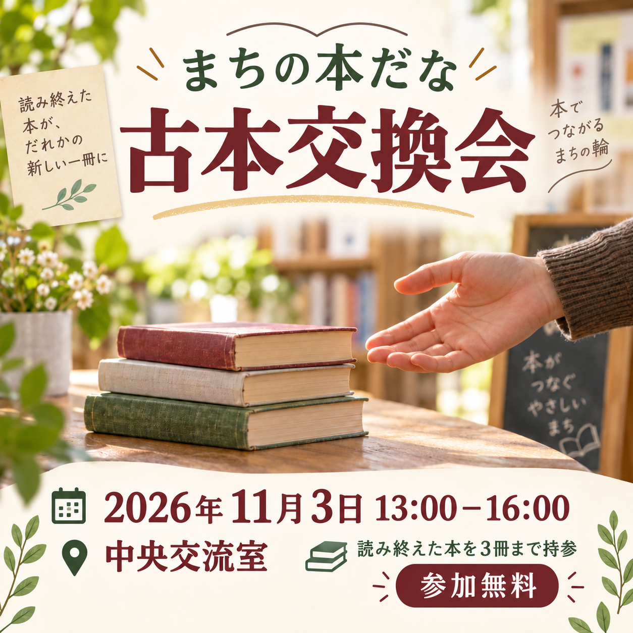 Facebook投稿画像：地域の古本交換会（架空依頼）